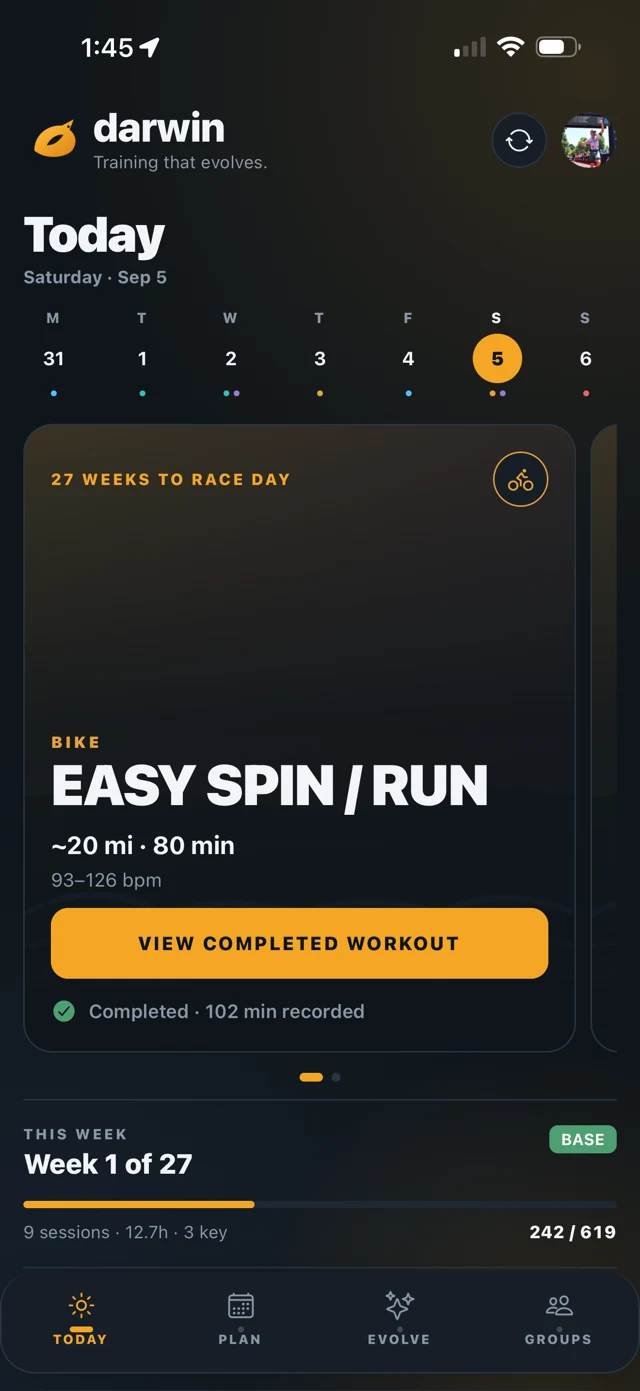 Darwin’s redesigned Today screen with today’s workout, completion status and weekly progress.