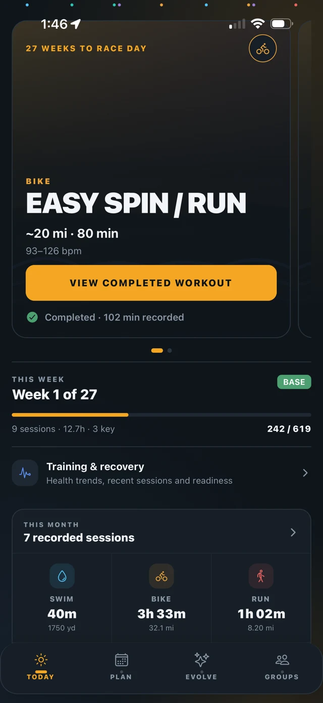 The Today screen showing monthly swim, bike and run totals.