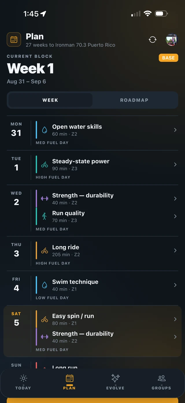 The redesigned weekly plan with sessions and daily fuel tags.