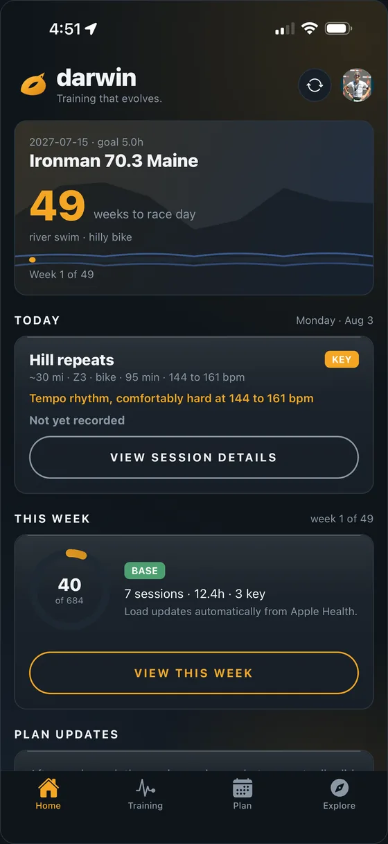 The Darwin home screen showing weeks to race day, today's session and this week's load.