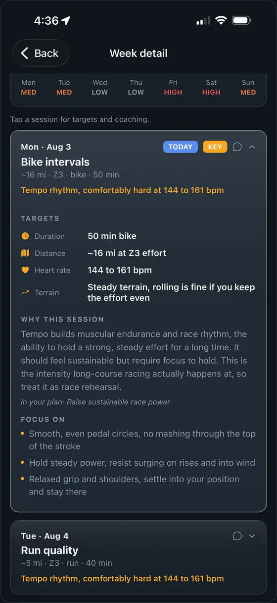 A bike interval session with duration, distance, heart-rate targets and an explanation of why the session exists.